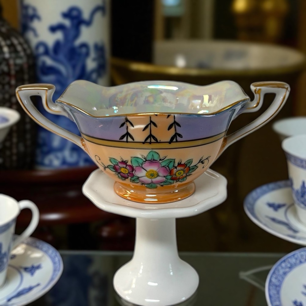 Vintage Noritake Japan Lusterware Open Sugar Dish Peach Blue Floral